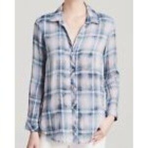 Side Stitch Plaid Button-Up Shirt M 100% Cotton  Pink & Blue light knit fall